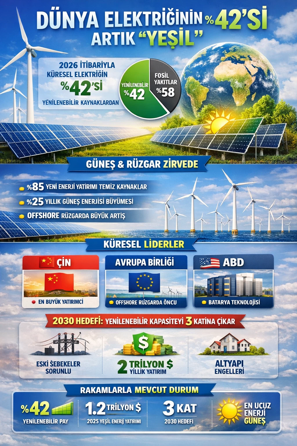 YENİ REKOR: DÜNYA ELEKTRİĞİNİN YÜZDE 40’INDAN FAZLASI ARTIK “YEŞİL”